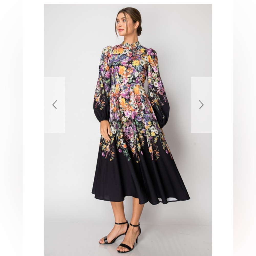 INA Fashion Floral Black Midi Dress Puff Sleeve S M L Designer
